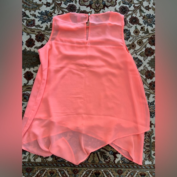 Vince Camuto Neon Orange Sheer Blouse | Asymmetrical Hem | Layered Front - Picture 6 of 9